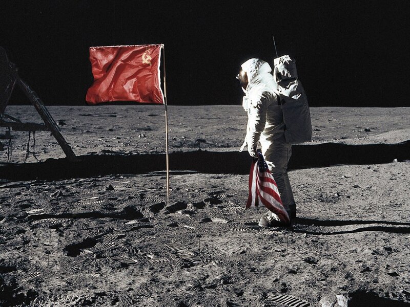 Astronaut on Moon — Gray, Dramatic, Photograph, Flag