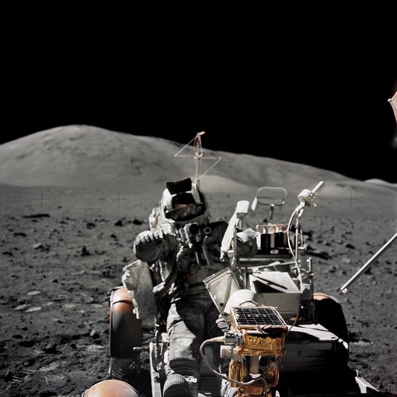 Astronaut on Moon — Gray, Dramatic, Photograph, Moon Rover