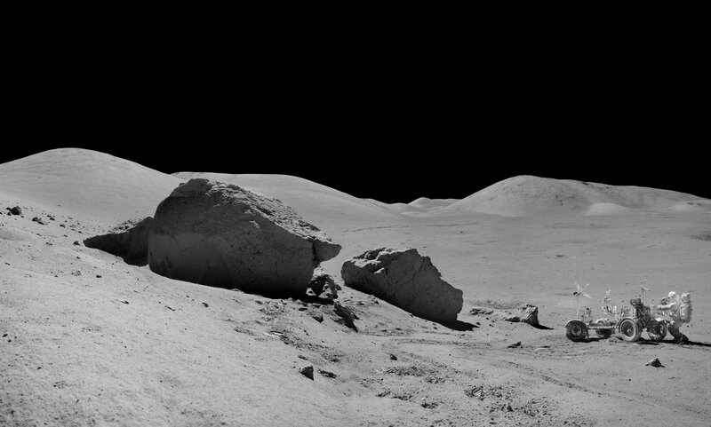 Astronaut on Moon Surface — Black, Desolate, Photograph, Rocks