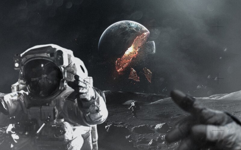 Astronaut on Moon Surface — Black, Dramatic, Digital Art, Earth Explosion