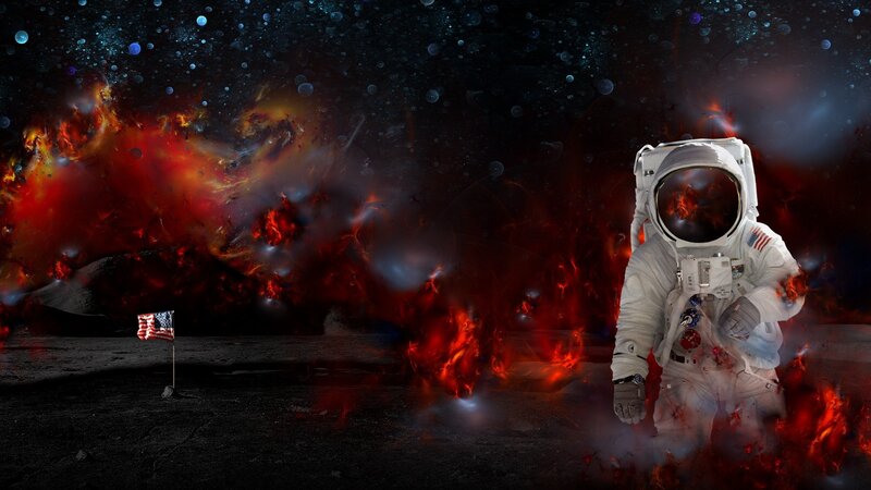 Astronaut on Moon Surface — Black, Dramatic, Night, Digital Art, Flag