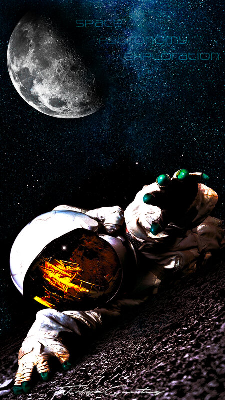 Astronaut on Moon Surface — Black, Dramatic, Night, Digital Art, Stars