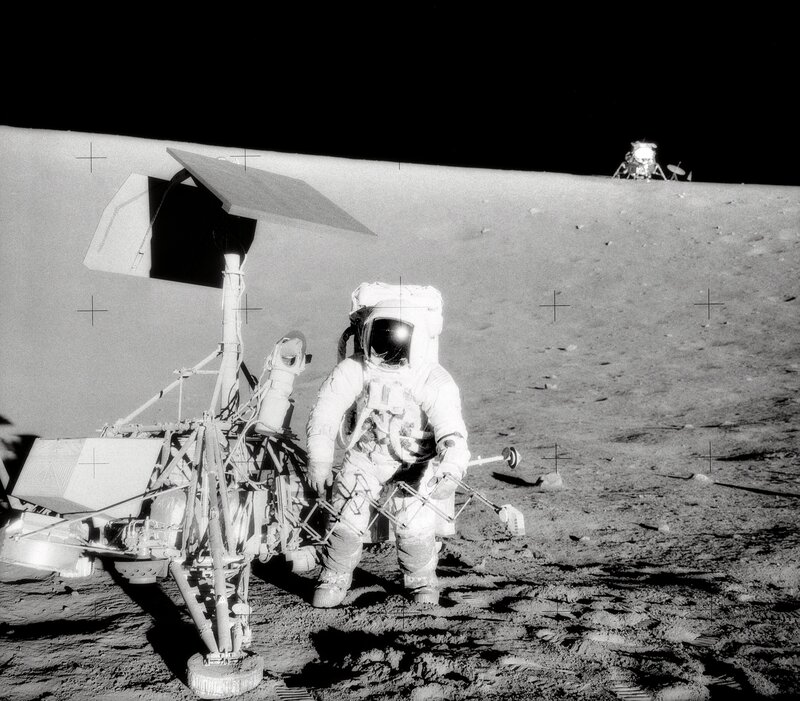 Astronaut on Moon Surface — Black, Dramatic, Night, Photograph, Space Suit, Lunar Module
