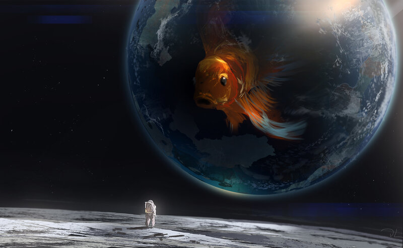 Astronaut on Moon Surface — Blue, Dramatic, Night, Digital Art, Earth