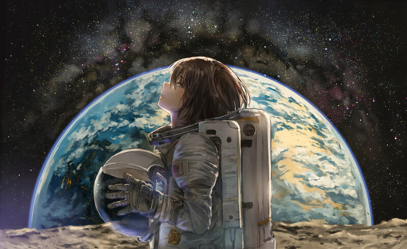 Astronaut on Moon Surface — Blue, Serene, Digital Art