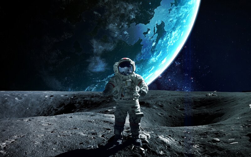 Astronaut on Moon Surface — Gray, Dramatic, Digital Art, Earth, Space
