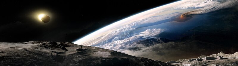 Astronaut on Moon Surface — Gray, Dramatic, Digital Art, Earth, Sun
