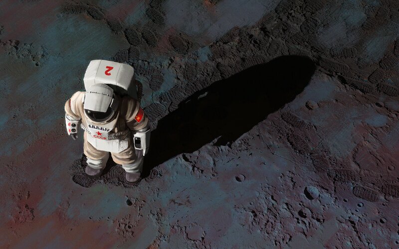Astronaut on Moon Surface — Gray, Dramatic, Digital Art, Moon Surface