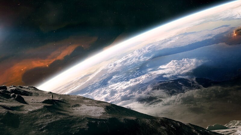 Astronaut on Moon Surface — Gray, Dramatic, Digital Art, Planet Earth, Space, Clouds