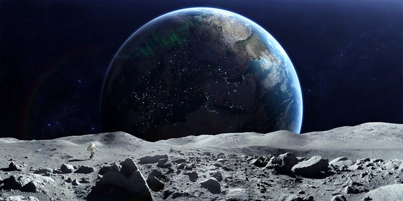 Astronaut on Moon Surface — Gray, Dramatic, Night, Digital Art, Earth, Space, Craters