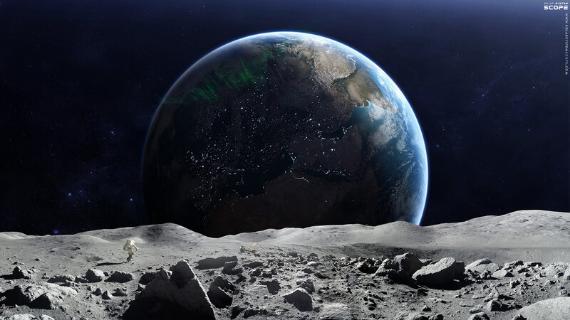 Astronaut on Moon Surface — Gray, Dramatic, Night, Digital Art, Earth, Space
