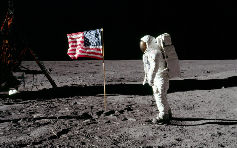 Astronaut on Moon Surface — Gray, Dramatic, Night, Photograph, American Flag, Lunar Module, Moon Dust