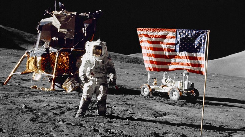 Astronaut on Moon Surface — Gray, Dramatic, Night, Photograph, American Flag, Lunar Module