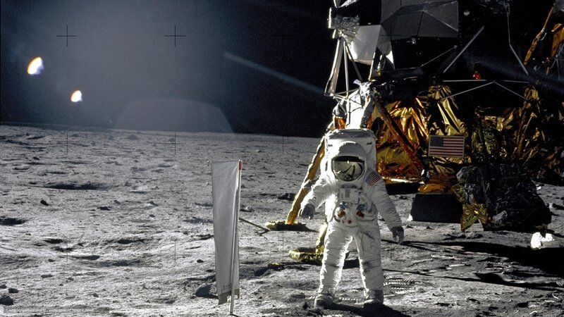 Astronaut on Moon Surface — Gray, Dramatic, Night, Photograph, Lunar Module, American Flag, Moon Dust