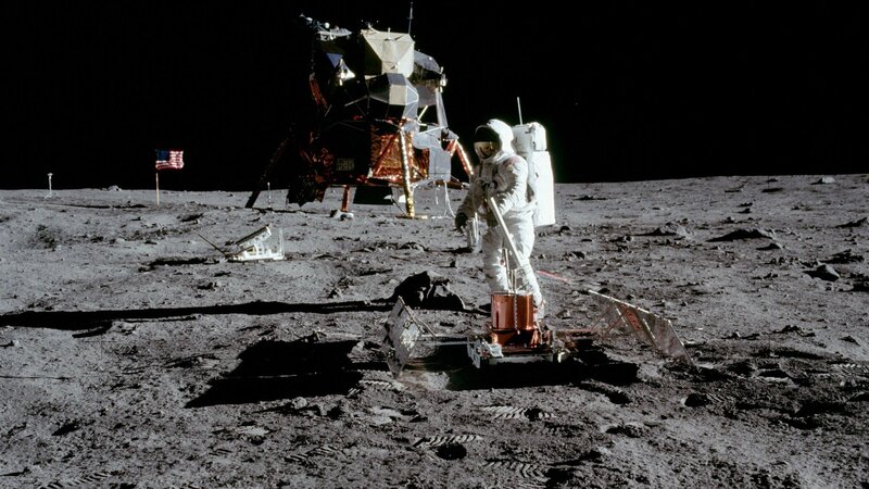 Astronaut on Moon Surface — Gray, Dramatic, Night, Photograph, Lunar Module, American Flag, Moon Rover