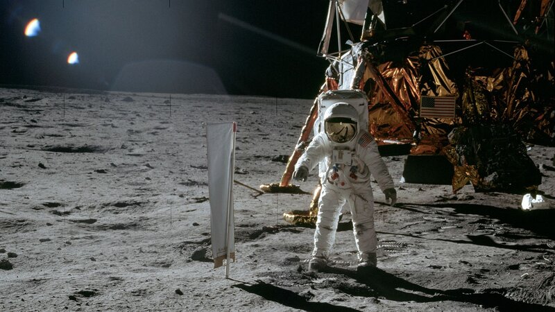Astronaut on Moon Surface — Gray, Dramatic, Night, Photograph, Lunar Module, American Flag
