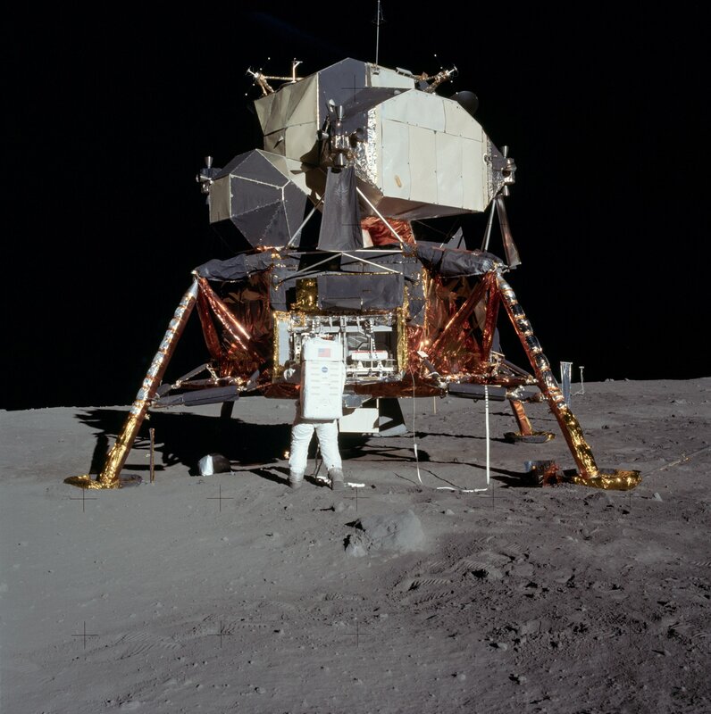 Astronaut on Moon Surface — Gray, Dramatic, Night, Photograph, Lunar Module, Moon Dust