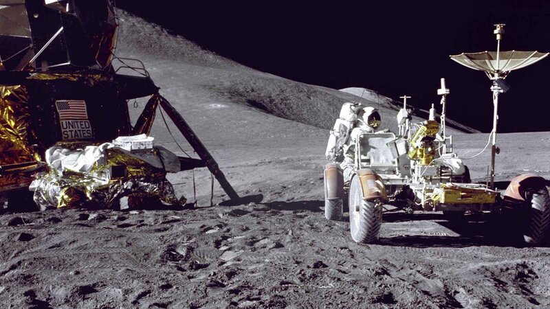 Astronaut on Moon Surface — Gray, Dramatic, Night, Photograph, Lunar Module, Moon Rover