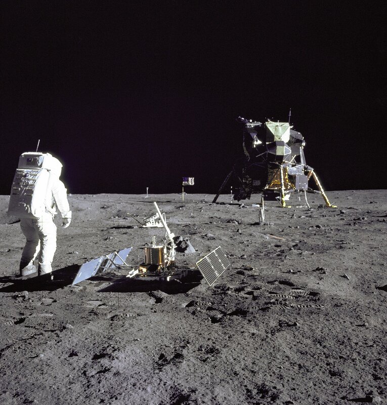 Astronaut on Moon Surface — Gray, Dramatic, Night, Photograph, Lunar Module, Scientific Equipment