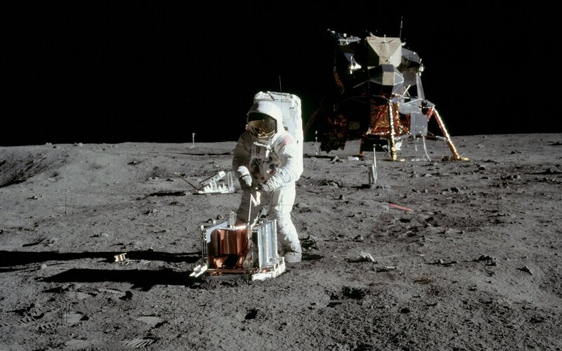 Astronaut on Moon Surface — Gray, Dramatic, Night, Photograph, Lunar Module, Scientific Instrument