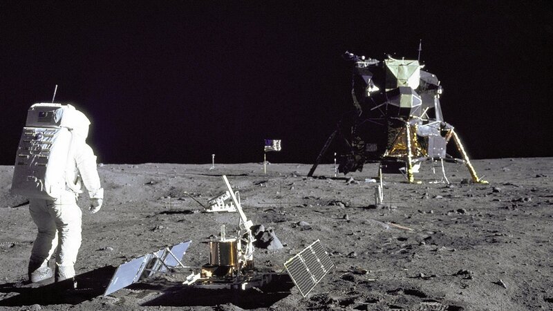 Astronaut on Moon Surface — Gray, Dramatic, Night, Photograph, Lunar Module