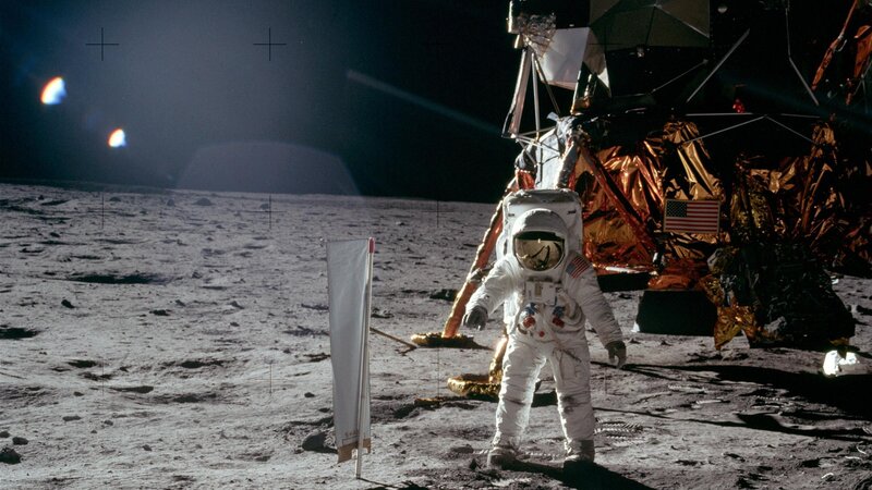 Astronaut on Moon Surface — Gray, Dramatic, Night, Photograph, Moon Lander, American Flag