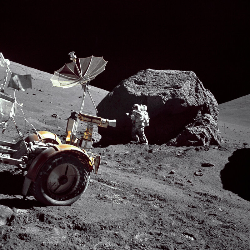 Astronaut on Moon Surface — Gray, Dramatic, Night, Photograph, Rover, Rock