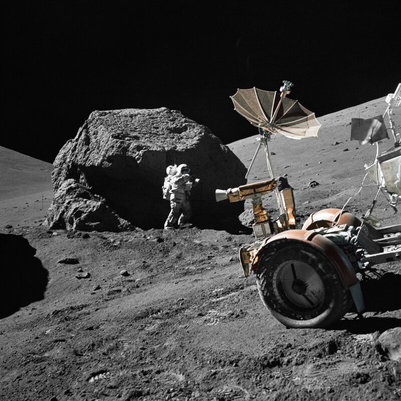 Astronaut on Moon Surface — Gray, Dramatic, Night, Photograph, Rover