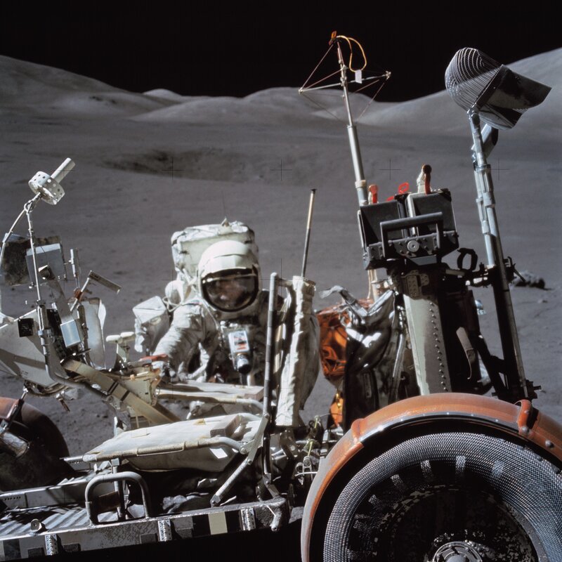 Astronaut on Moon Surface — Gray, Dramatic, Night, Photograph, Space Suit