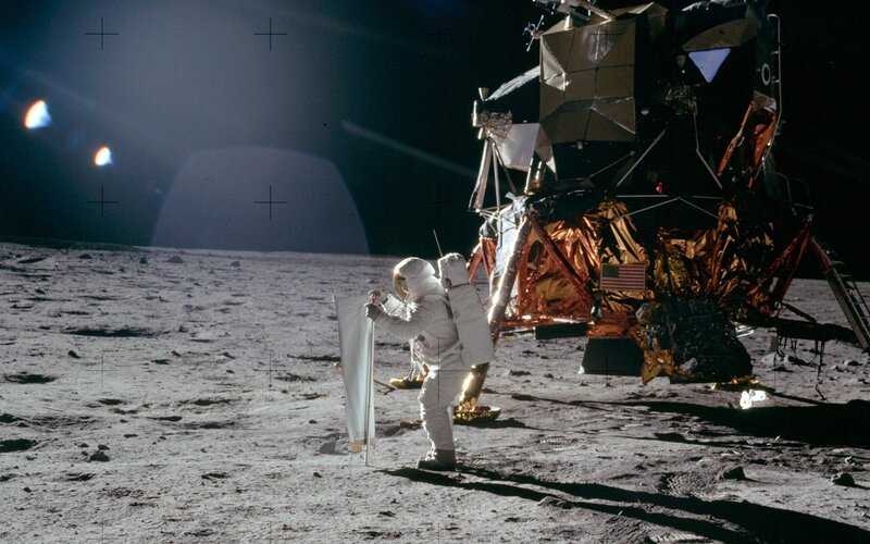 Astronaut on Moon Surface — Gray, Dramatic, Night, Photograph, Spacecraft, Flag, Lunar Module
