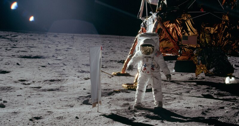 Astronaut on Moon Surface — Gray, Dramatic, Night, Photograph, Spacecraft, Flag