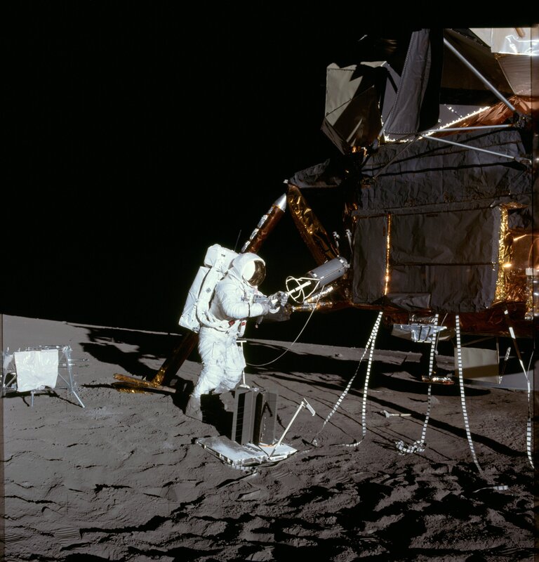 Astronaut on Moon Surface — Gray, Dramatic, Night, Photograph, Spacecraft, Moon Dust