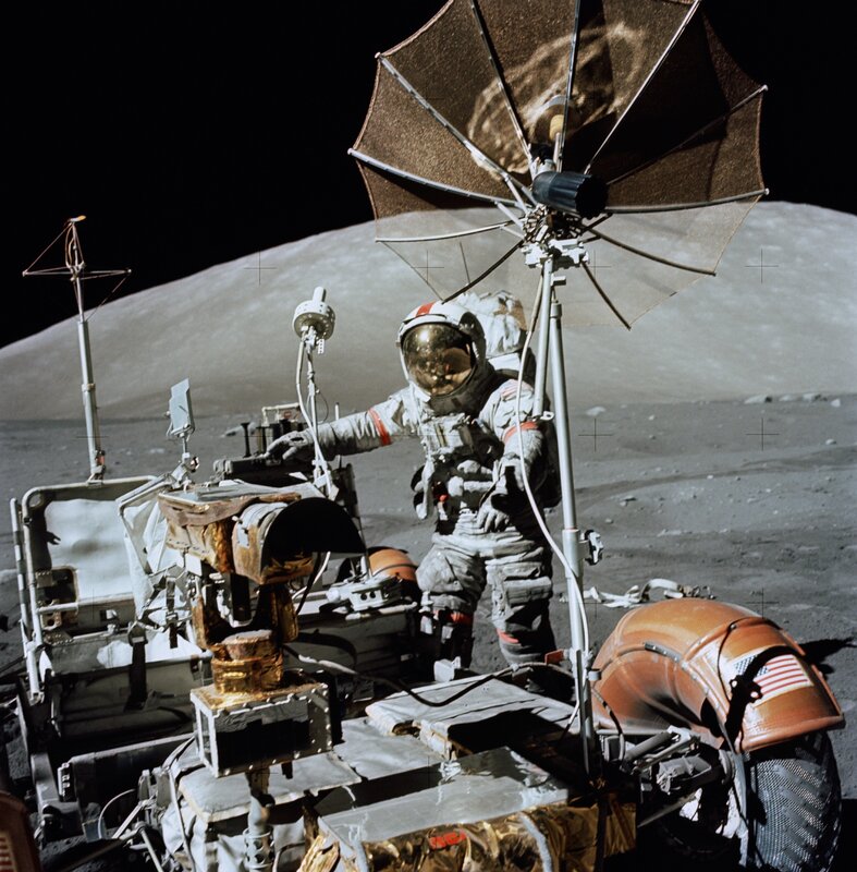 Astronaut on Moon Surface — Gray, Dramatic, Night, Photograph, Spacecraft, Moon Rover