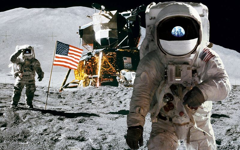 Astronaut on Moon Surface — Gray, Dramatic, Photograph, American Flag, Lunar Module, Earth
