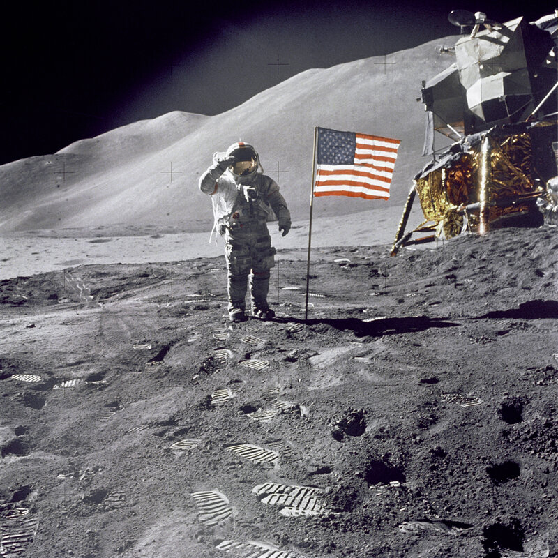 Astronaut on Moon Surface — Gray, Dramatic, Photograph, American Flag, Lunar Module, Footprints