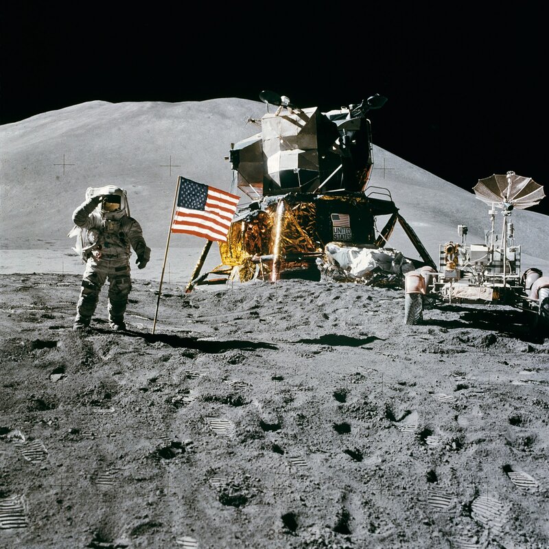Astronaut on Moon Surface — Gray, Dramatic, Photograph, American Flag, Lunar Module, Moon Rover