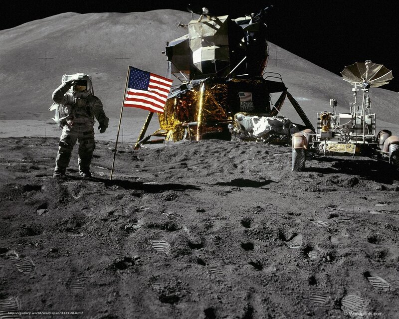 Astronaut on Moon Surface — Gray, Dramatic, Photograph, American Flag, Lunar Module