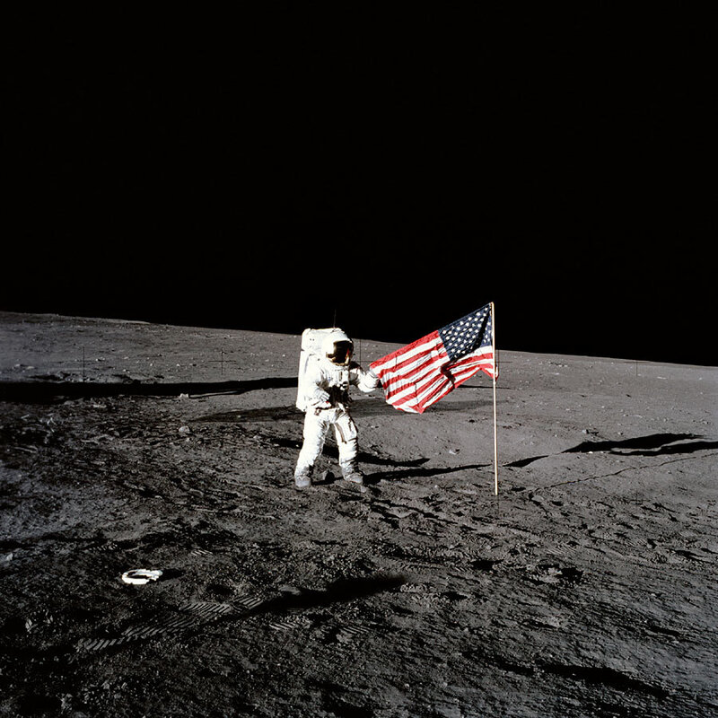 Astronaut on Moon Surface — Gray, Dramatic, Photograph, American Flag, Moon Dust