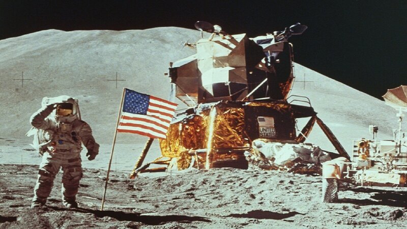 Astronaut on Moon Surface — Gray, Dramatic, Photograph, American Flag
