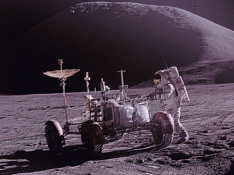 Astronaut on Moon Surface — Gray, Dramatic, Photograph, Lunar Rover