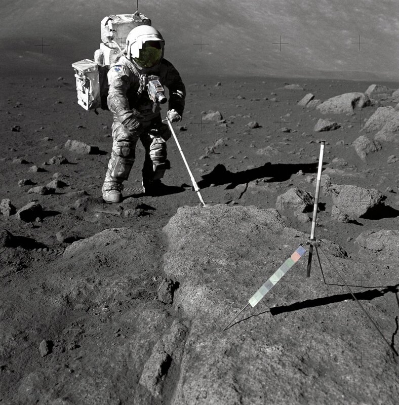 Astronaut on Moon Surface — Gray, Dramatic, Photograph, Moon Rock