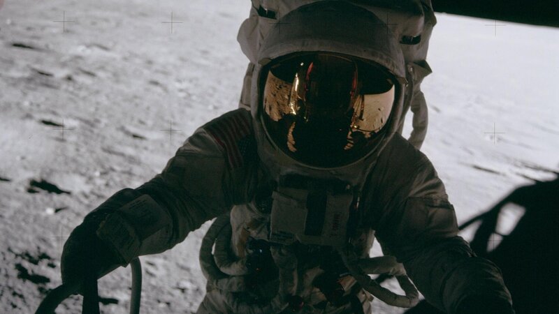 Astronaut on Moon Surface — Gray, Dramatic, Photograph, Space Suit, American Flag