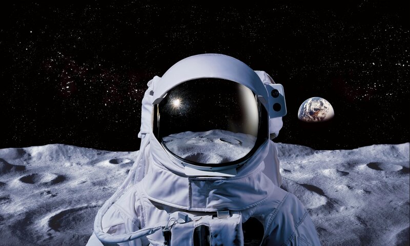 Astronaut on Moon Surface — White, Dramatic, Night, Digital Art, Earth