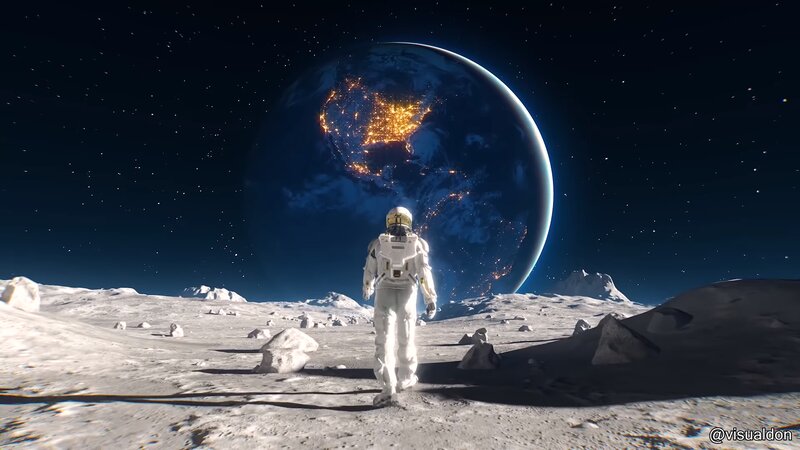 Astronaut on Moon Surface — White, Dramatic, Night, Digital Art