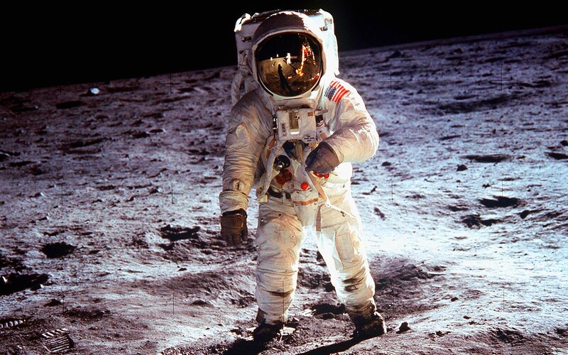 Astronaut on Moon Surface — White, Dramatic, Photograph, Moon Surface, Space Suit, American Flag, Gray, Black, Nasa