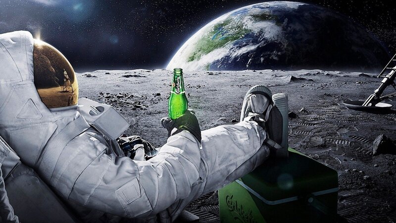Astronaut on Moon — White, Dramatic, Digital Art, Earth, Beer Bottle