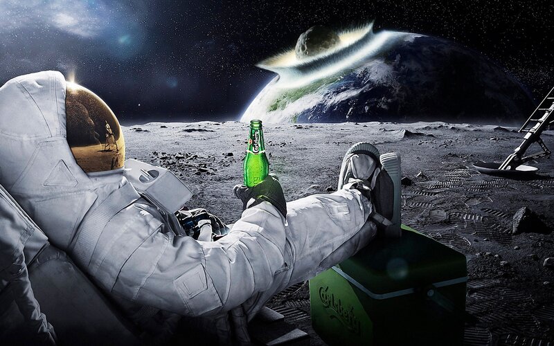 Astronaut on Moon — White, Dramatic, Night, Digital Art, Beer Bottle