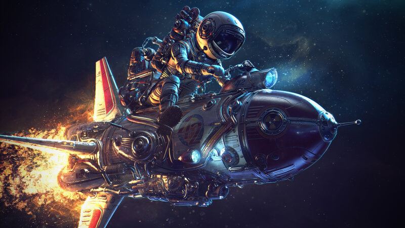 Astronaut on Rocket — Black