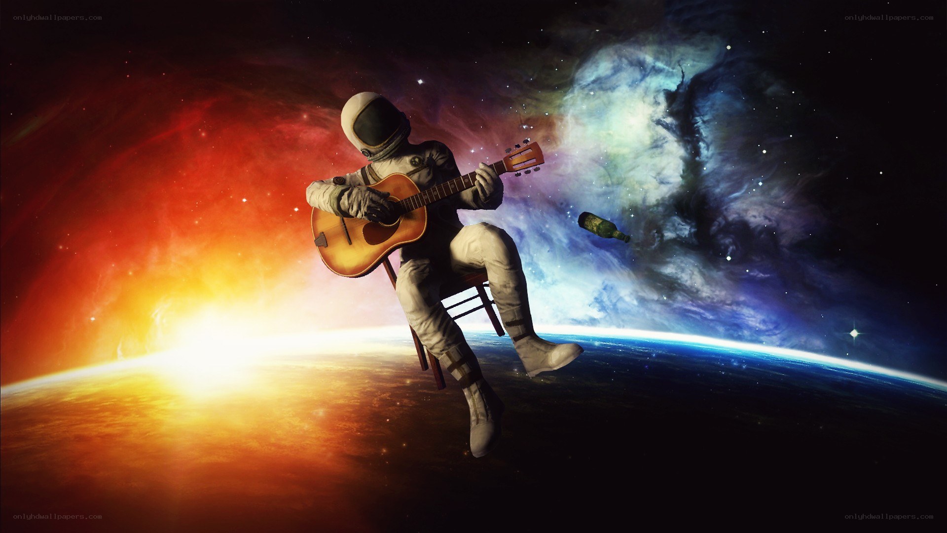 Astronaut playing guitar in space