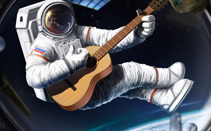Astronaut Playing Guitar — White, Serene, Digital Art